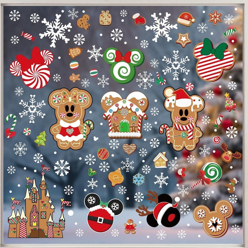 MAXDUCK Christmas Gingerbread Window Cling Decorations - 12 Sheets Double-Sided Christmas Gingerbread Sticker for Window Decor, Mouse, Castle, Snowflake Stickers for Indoor Office Home Decor - Image 2